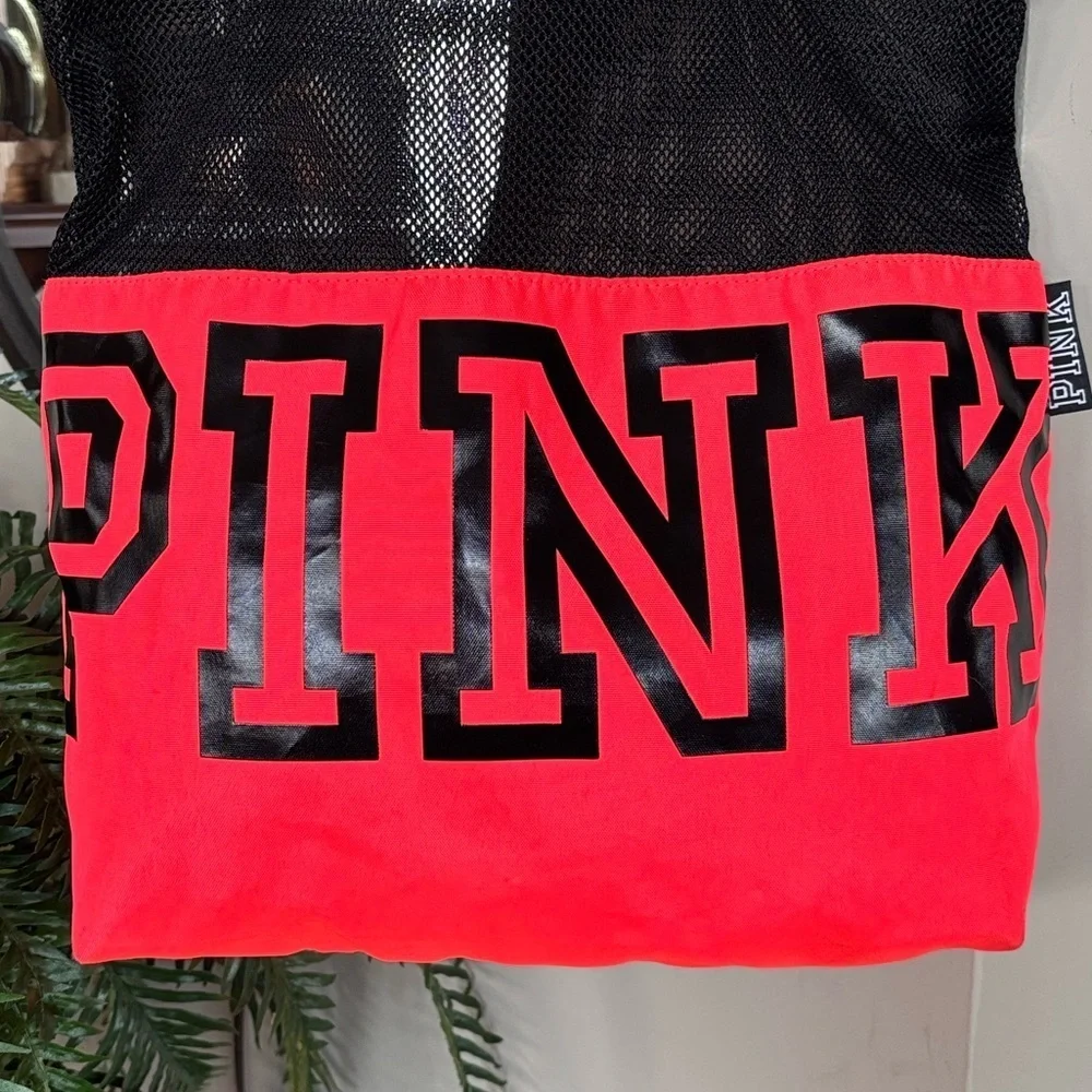PINK Victoria's Secret Neon Coral & Black Mesh Beach Tote Bag Graphic Logo Y2K